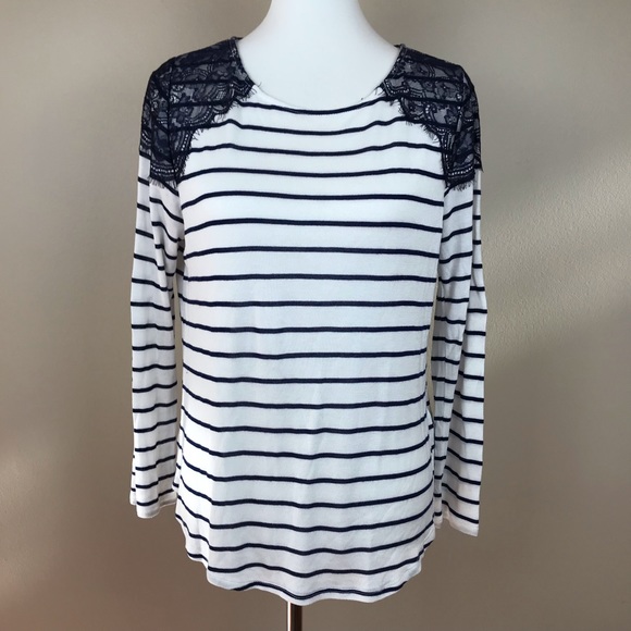 Chico's Tops - Chico’s Navy Stripe w/ Lace Shoulder Top Size 2